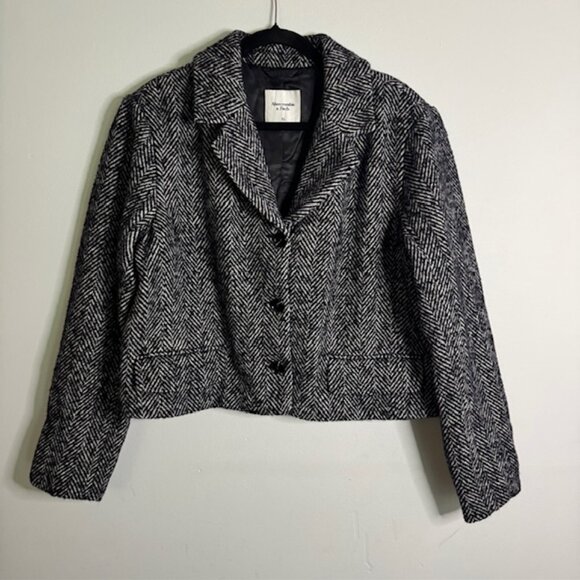 Abercrombie & Finch Cropped Wool Blazer Black Herringbone Size XL - Picture 1 of 5